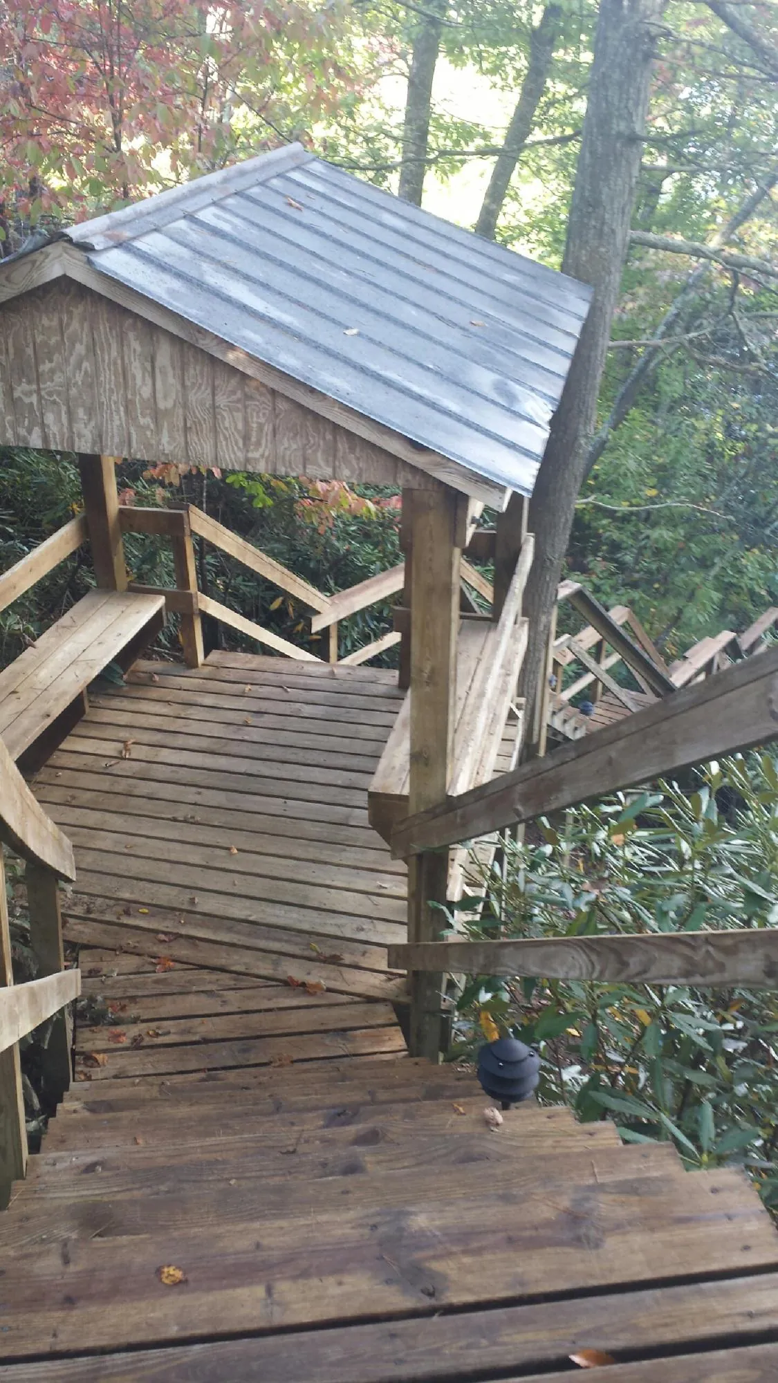 Metal roofed shelter over wooden steps on a wooded walkway — Skylight Repair & Installation work by our crew in Bloomfield